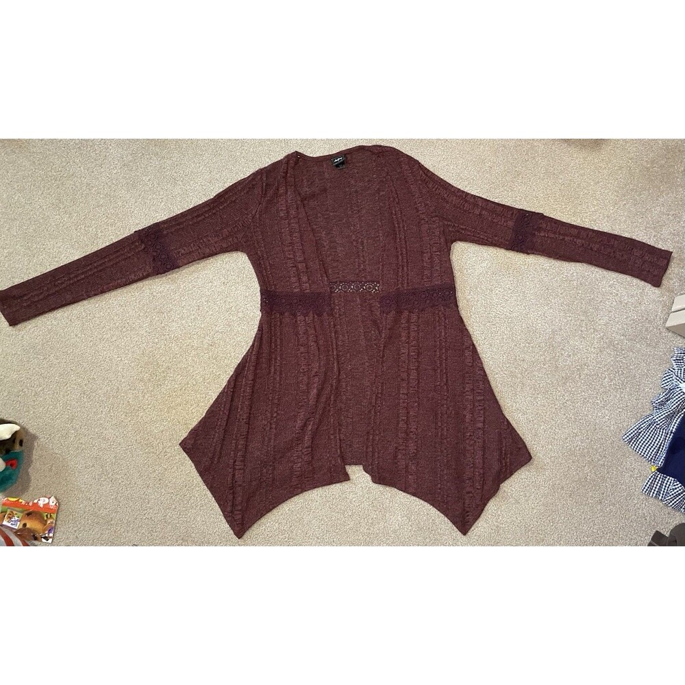 Daytrip Buckle Burgundy Crochet Lace Trim Cardigan Medium Open Front Sharkbite